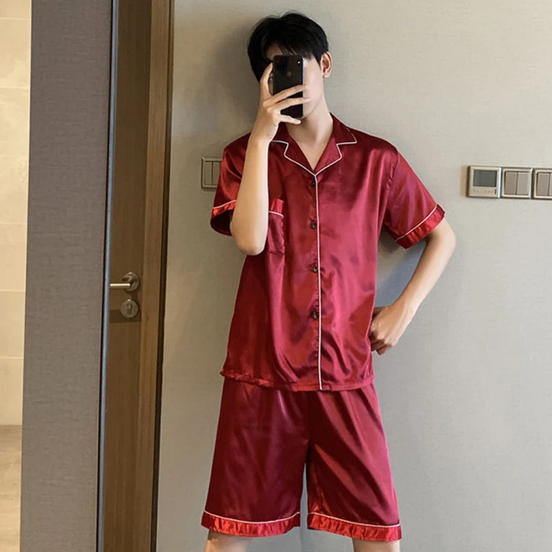Summer New Pajamas For Man Big Size Satin Mens Pajama Sets Shorts Silk Short Sleeve Sleepwear Home Pijama Night Wear Loungewear - Image 6