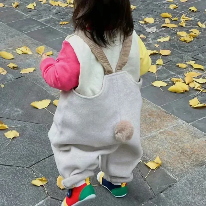 Spring Autumn Boys and Girls Overalls Solid Soft Woolen Cloth Rabbit Tail Straps Jumpsuit Children Casual Warm Pants E23430 - Image 3