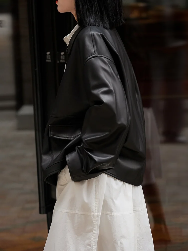 Leather Jacket with Pockets Buttons Front Faux Leather Coat Lapel Collar Long Sleeves Tops Autumn/Winter Woman Clothing - Image 4