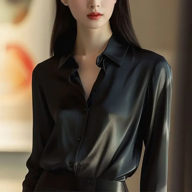 Spring Autumn New Women's Solid Color Polo-Neck Button Elegant Loose Long Sleeve Versatile Commuter French Unique Shirt Tops - Image 4