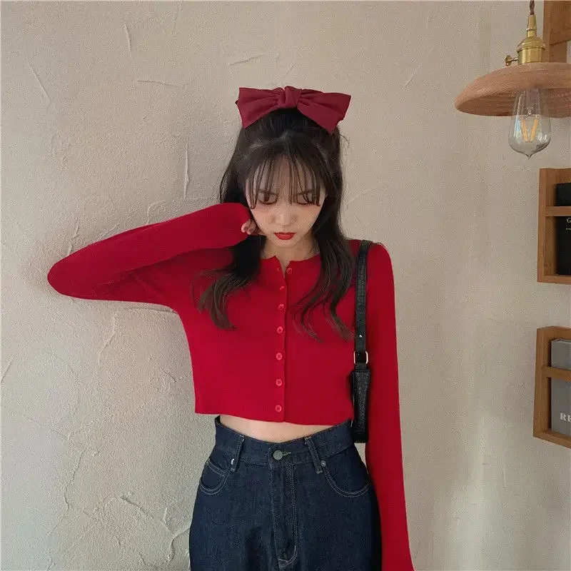 Woman Sweaters Cardigan Red V-neck Knitted Cardigan Women's Spring Slim-Fitting Style Short Jacket - Image 2