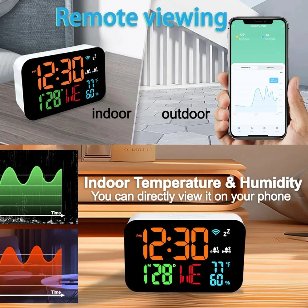 WiFi desktop clock humidity calendar smart thermometer and digital LED display support WiFi automatic calibration alarm clock - Image 5