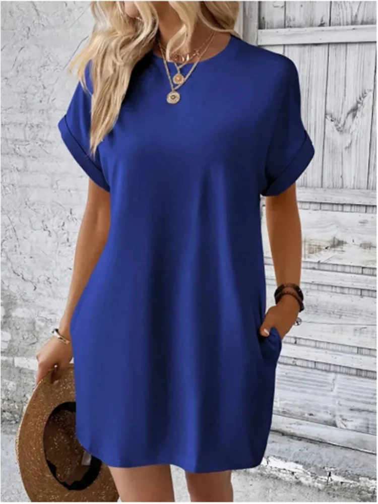 Minimalist Solid Color Mini Skirt Women's Temperament Round Neck Pocket T Shirt Dress Summer Casual 2024 New Dresses - Image 4