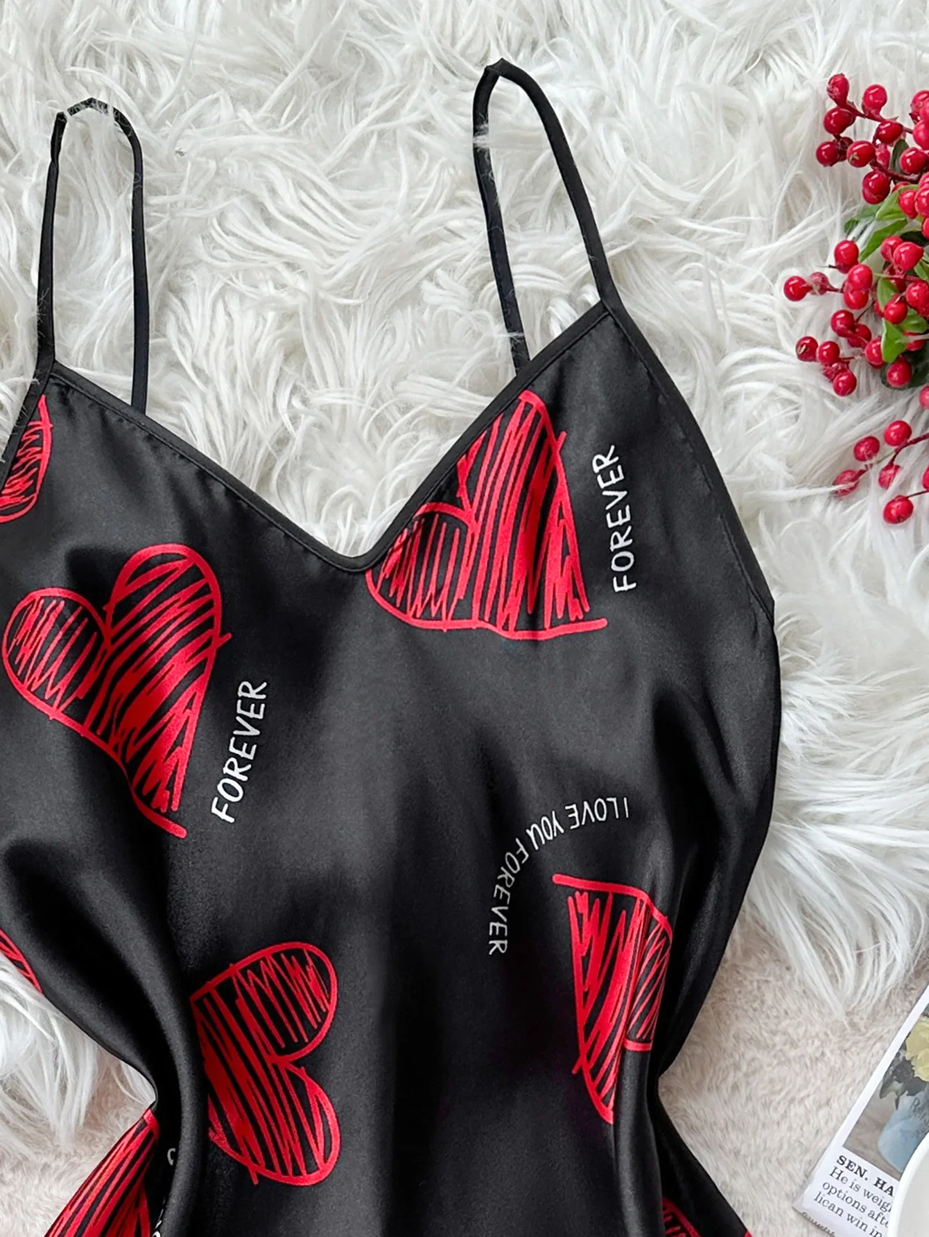 Valentine's Day Red Lip Print Satin Slip Nightdress Women's Pajamas V Neck Backless Mini Sleep Dress Women's Sleepwear Dresses - Image 5