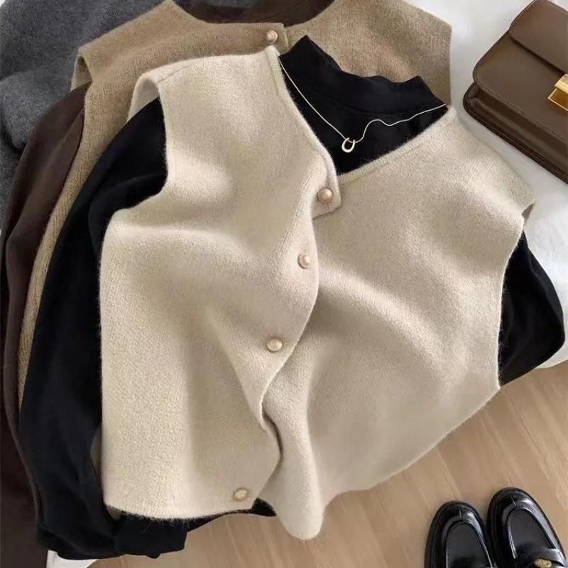 Crew Neck Women's Korean Solid Button Short Sleeve Cardigan Coats Sweater Knitted Sleeveless Ladies Elegant Tanks Bottoming - Image 2