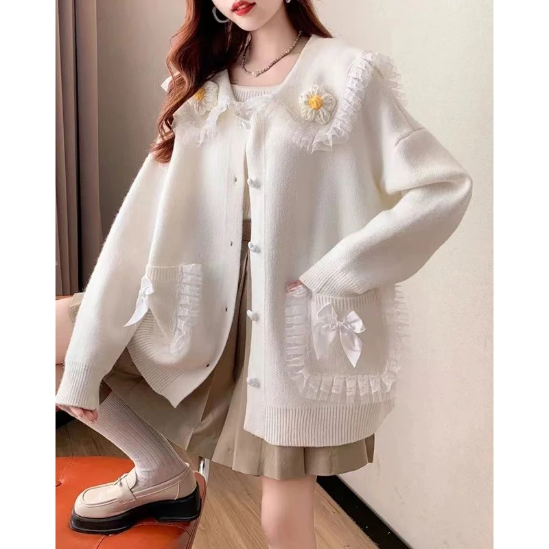 Sweet Peter Pan Collar Pockets Bow Lace Cardigan Sweaters Female Clothing 2024 Autumn Winter New Loose Knitted Young Style Tops - Image 3