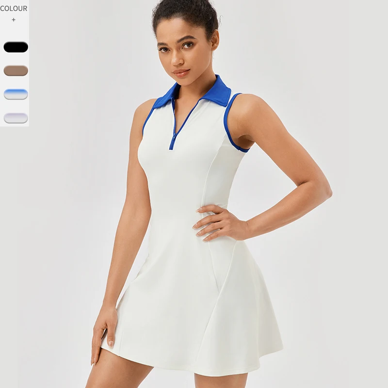 Women Summer Tennis Dress Solid Color Lapel Slim Fit Running Skirt Breathable Golf Dress Yoga Wear Workout Clothes 42157 - Image 2