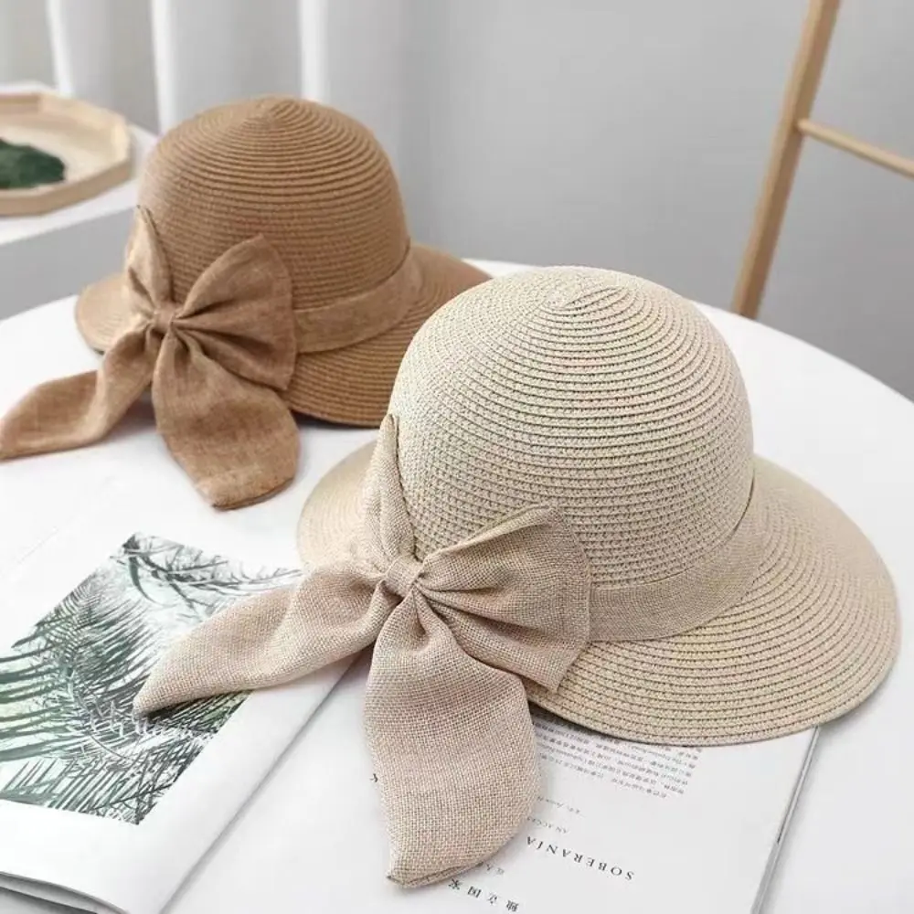Bowknot Sun Hat Summer Breathable Wide Brim Beach Cap UV Protection Casual Straw Hat for Women - Image 2