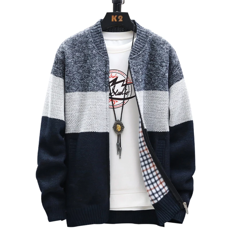 Autumn Winter Cardigan Sweater Men Fleece Zipper Sweaters Velvet Contrast Striped Sweater Coats Casual Jackets - Image 3