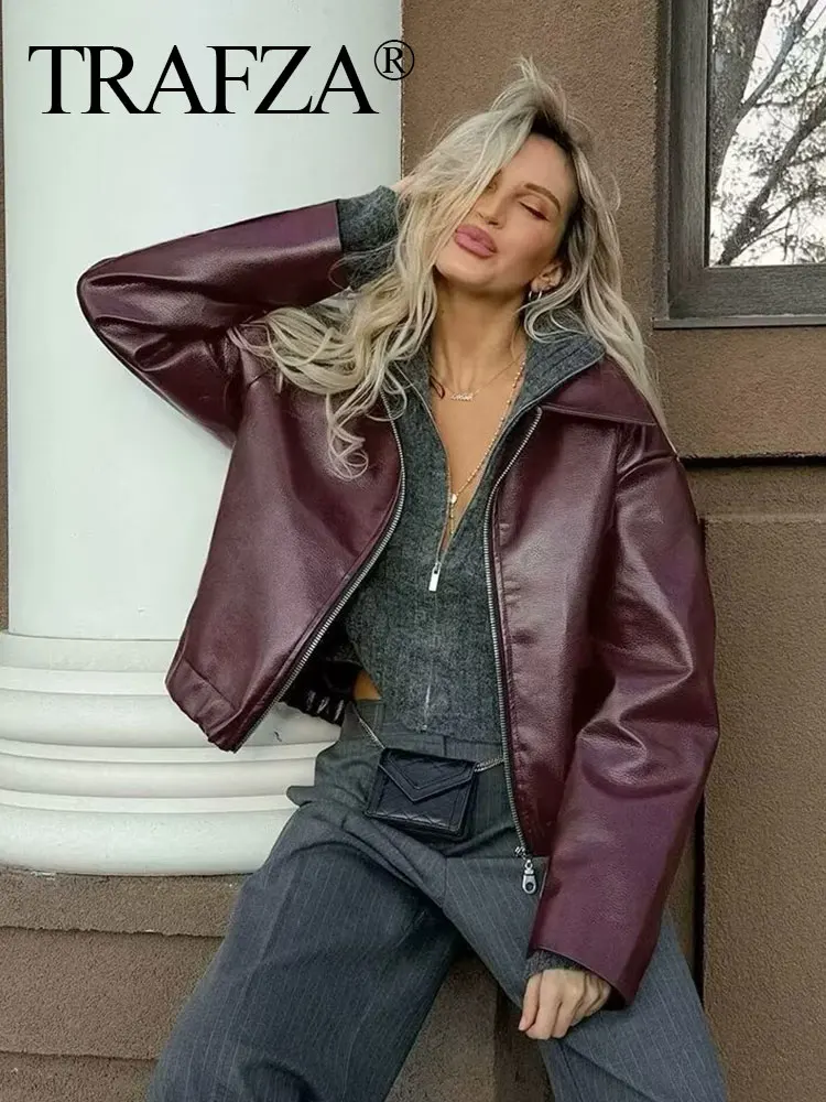 TRAFZA Wine Red Faux Leather Jakcet Fashion Outerwear Thicken Zipper Lapel Pu Coats Autumn Winter Streetwear Ladies Tops Women - Image 6