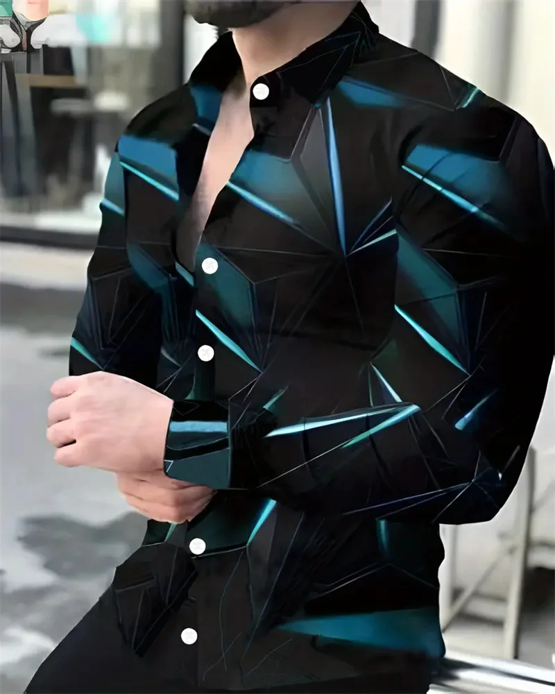 Fashion Men's Long Sleeves Shirts 3D Geometric Print Men's Casual Buttoned Long Sleeve Shirts Men's Spring Autumn Men's Tops - Image 3