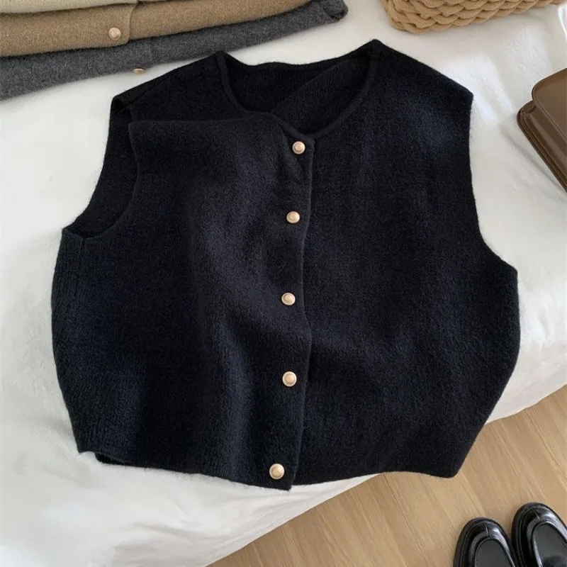 Crew Neck Women's Korean Solid Button Short Sleeve Cardigan Coats Sweater Knitted Sleeveless Ladies Elegant Tanks Bottoming - Image 4