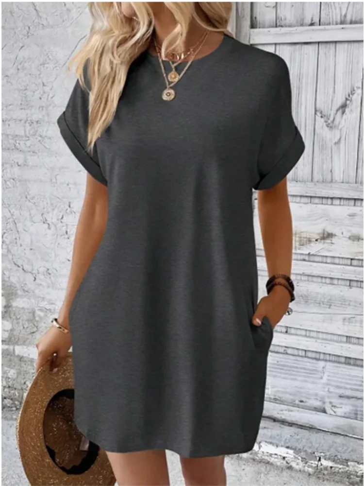 Minimalist Solid Color Mini Skirt Women's Temperament Round Neck Pocket T Shirt Dress Summer Casual 2024 New Dresses - Image 3