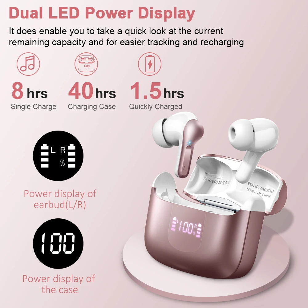 Wireless Earbuds, Bluetooth 5.3 Headphones Sports Headphones In Ear with 4 ENC Noise Cancelling Mic, 40H Playback , LED Display. - Image 2