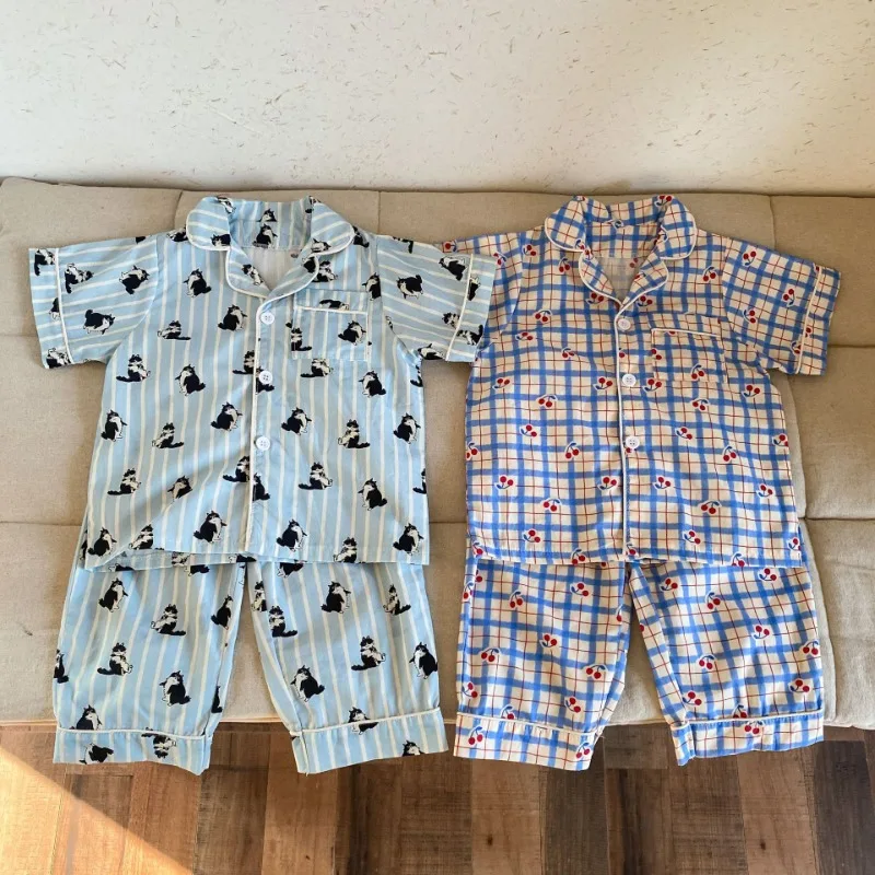 Children's Pajamas Summer 1-8Y Home Clothing Set Thin Pure Cotton Boys Lapel Top Pants 2Pcs Suit Girls Cartoon Printed Sleepwear - Image 5