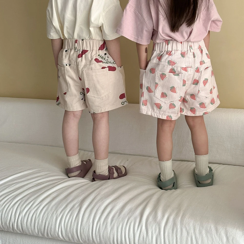 2025 New Summer Kids Cotton Shorts - Printed Loose Casual Boys Girls Pants with Strawberry Pattern - Image 3