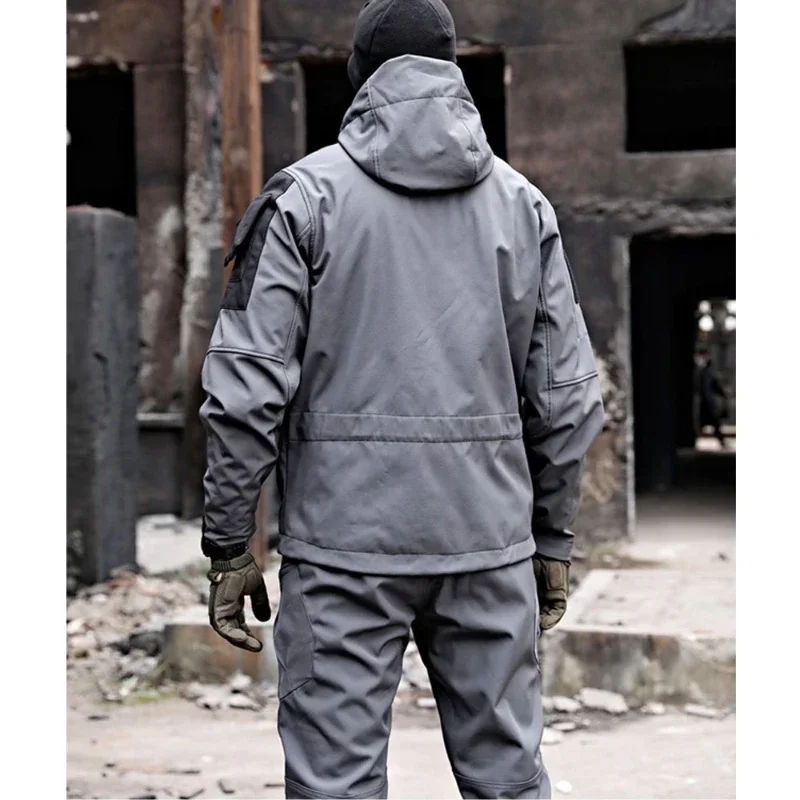Mens Thicken Tactical Set Windproof Waterproof Outdoor Suit Soft Shell Multi-Pocket Hooded Jackets+Fleece Work Pants 2-piece - Image 5