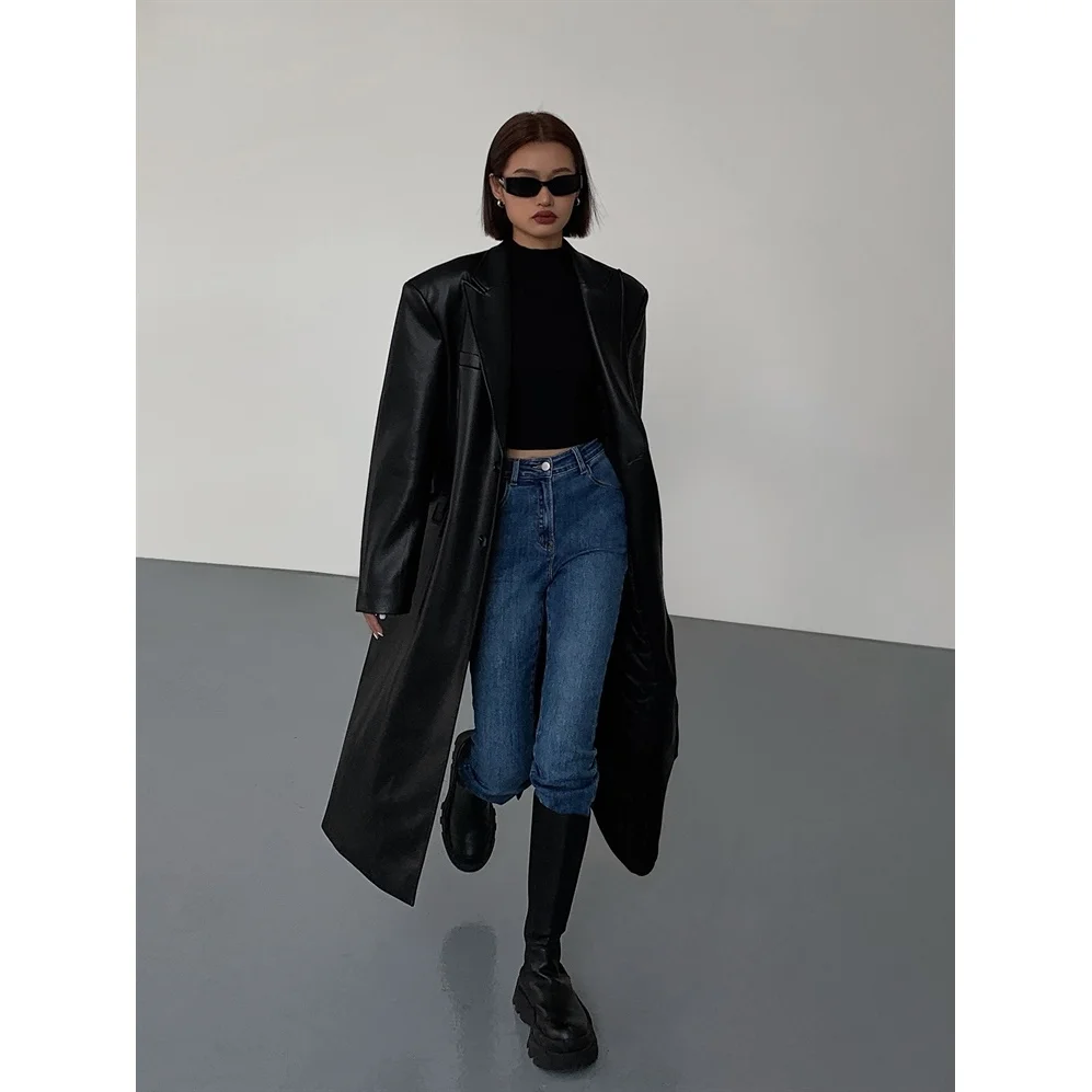 Women Leather Long Jacket Trench Oversized Faux Leather Blazer Button Down Lapel Coat with Pockets Down Shirts/Coats Work Office - Image 4