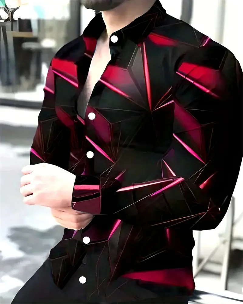 Fashion Men's Long Sleeves Shirts 3D Geometric Print Men's Casual Buttoned Long Sleeve Shirts Men's Spring Autumn Men's Tops - Image 2