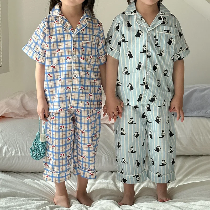 Children's Pajamas Summer 1-8Y Home Clothing Set Thin Pure Cotton Boys Lapel Top Pants 2Pcs Suit Girls Cartoon Printed Sleepwear - Image 4