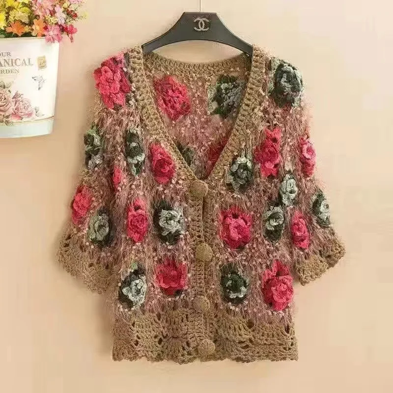 Three-Dimensional Flower Openwork Crocheted Sweater Cardigan Women's Spring And Autumn New Heavy Industry Joker Sweater 3XL Coat - Image 4