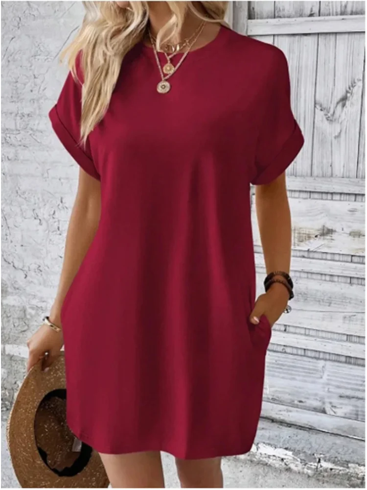 Minimalist Solid Color Mini Skirt Women's Temperament Round Neck Pocket T Shirt Dress Summer Casual 2024 New Dresses - Image 2