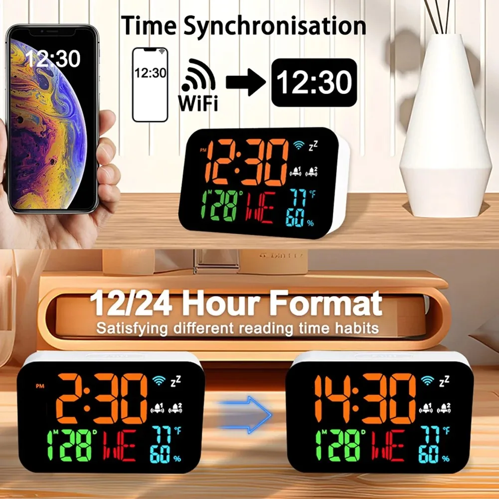 WiFi desktop clock humidity calendar smart thermometer and digital LED display support WiFi automatic calibration alarm clock - Image 6