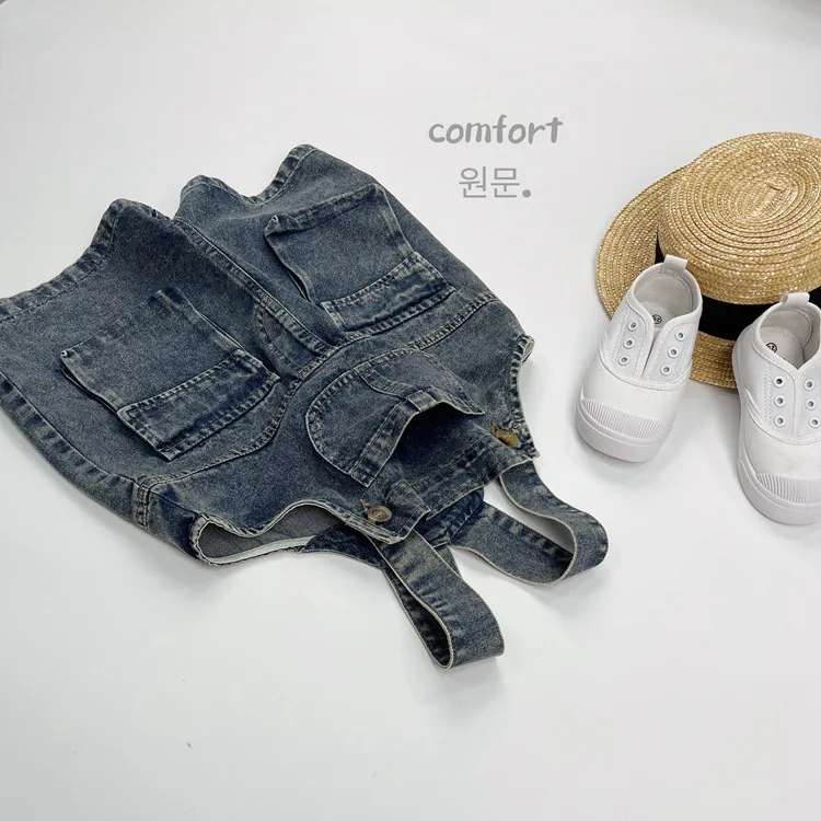 2025 Summer New Vintage Girls Overalls Kids Boys Pocket Denim Strap Pants Children Jeans Shorts Fashion Baby Clothes - Image 4