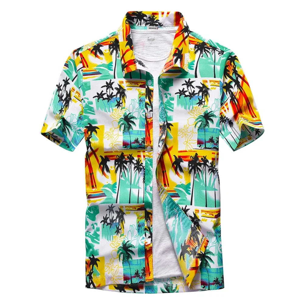 Summer Breathable Hawaiian Shirts Men Coconut Tree Printed Short Sleeve Button Down Vacation Plus Size - Image 4