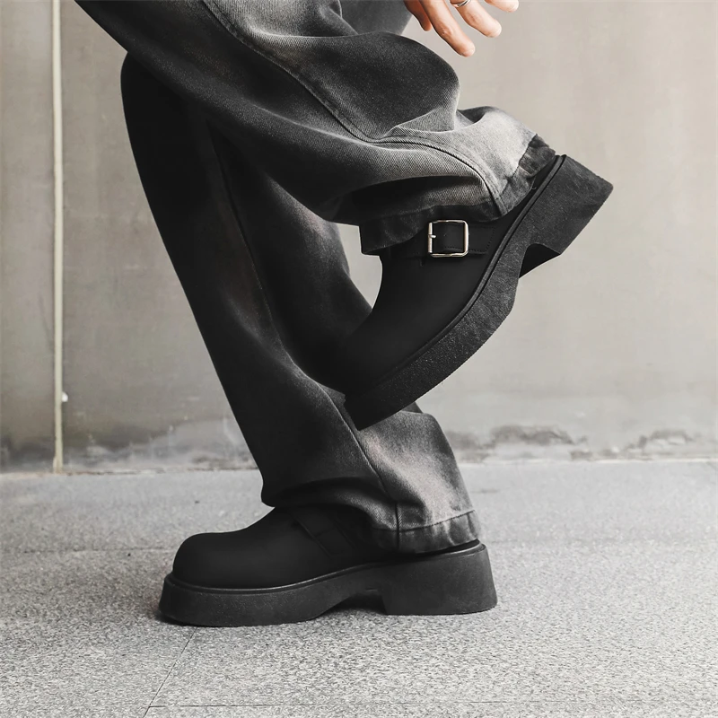 STRONGSHEN Men New Handmade Leather Shoes Round Head Dress Shoes Fashion Black Non Slip Platform Oxfords Casual Derby Shoe 39-44 - Image 5