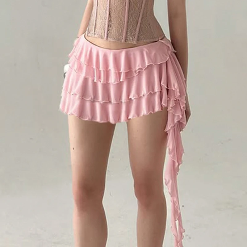 IAMHOTTY Ruffle Tassel Asymmetrical Skirt with Shorts Inside Pink Coquette Aesthetic Mini Layered Skirts for Holiday Party Y2K - Image 5