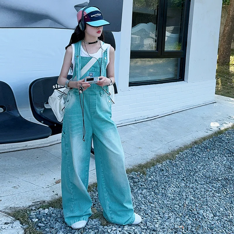 Denim Overalls for Girls Loose Slimming Casual Wide-Leg Jumpsuit 2025 Summer Kids Jeans Fashion Versatile Teen Children Pants - Image 4