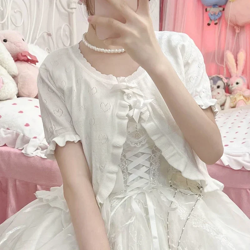 Cute Knitted Cardigan Women Pearl Button Bow Decoration Heart Hollow Out Short Sweater for Sweet Girl Kawaii Clothes - Image 6