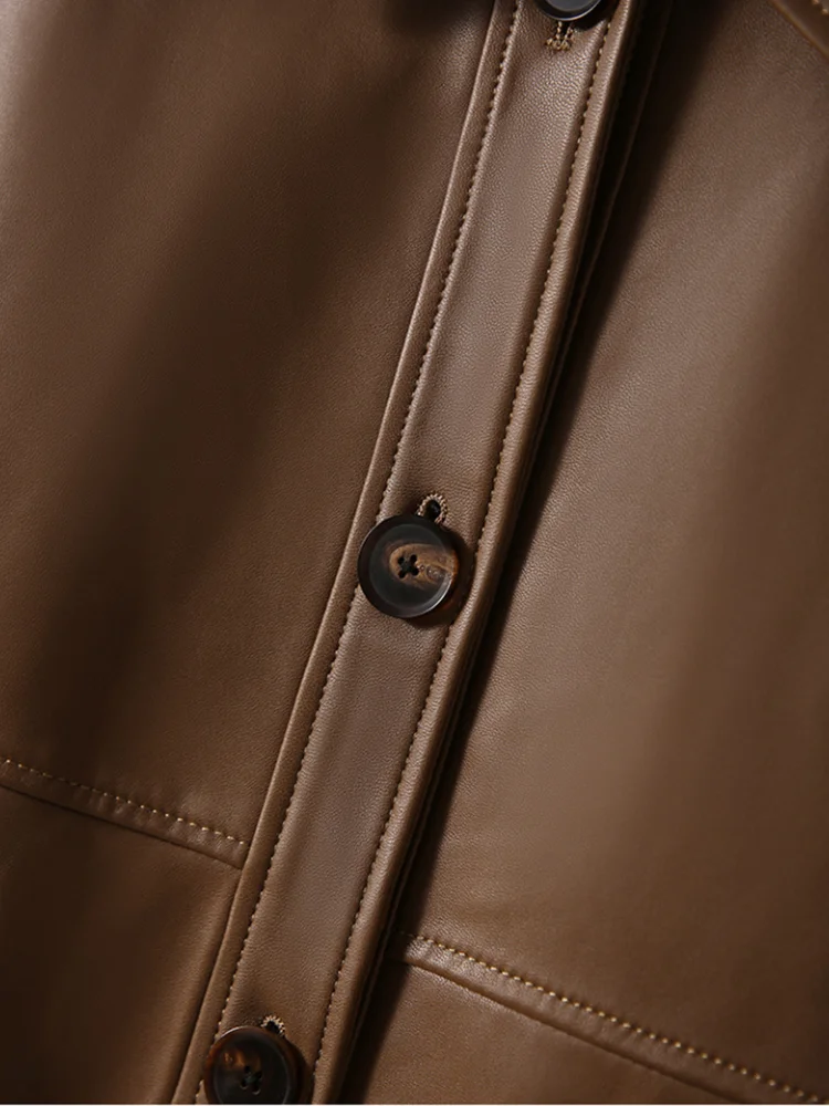 Leather Jacket with Pockets Buttons Front Faux Leather Coat Lapel Collar Long Sleeves Tops Autumn/Winter Woman Clothing - Image 5