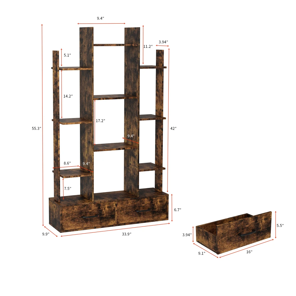 Bookshelf with 2 Drawers,Industrial Freestanding Open Display Shelving,Vintage Open Bookcase,Book Case for Bedroom, Living Room - Image 5