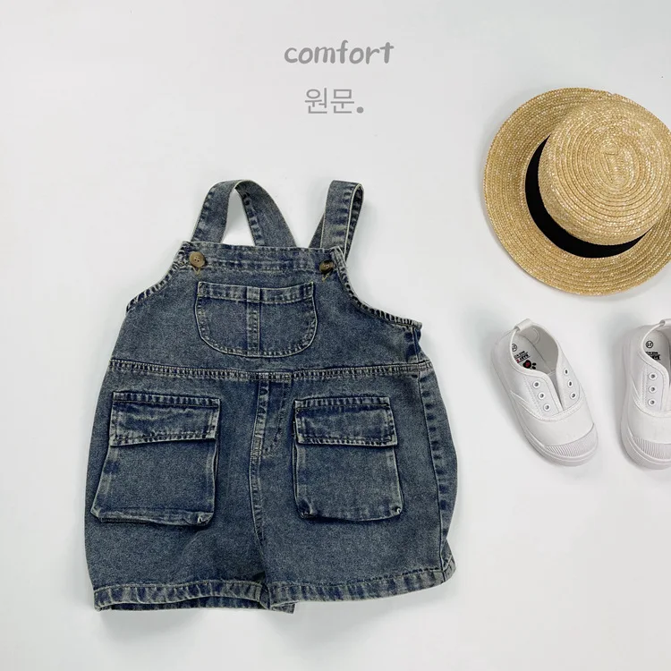 2025 Summer New Vintage Girls Overalls Kids Boys Pocket Denim Strap Pants Children Jeans Shorts Fashion Baby Clothes - Image 5
