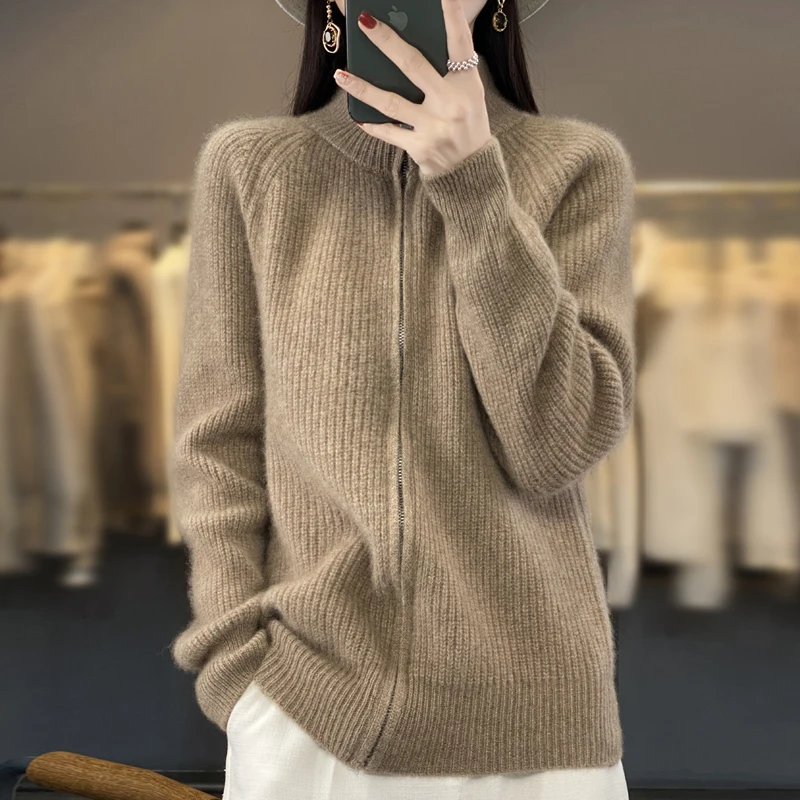 100% Pure Wool Zipper Cardigan Padded Shoulder Stand Collar Women's Cashmere Knitted Coat New Lapel Sweater - Image 6