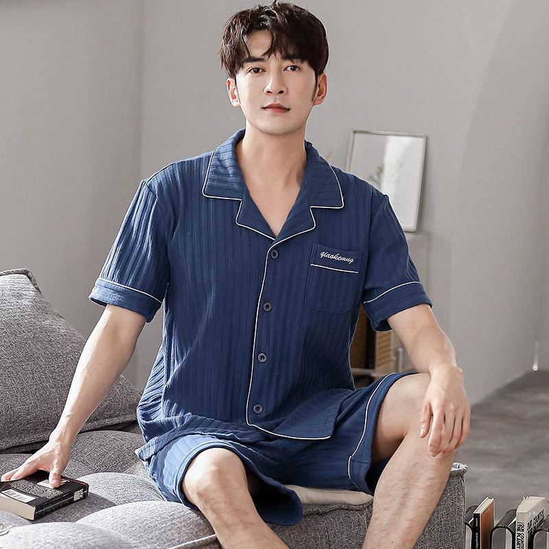 L-4XL Summer Lapel Pyjamas Knited Cotton Men's Pajamas Sets Short Sleeve Shorts Sleepwear Pyjamas Night Pijamas Homewear PJ - Image 4