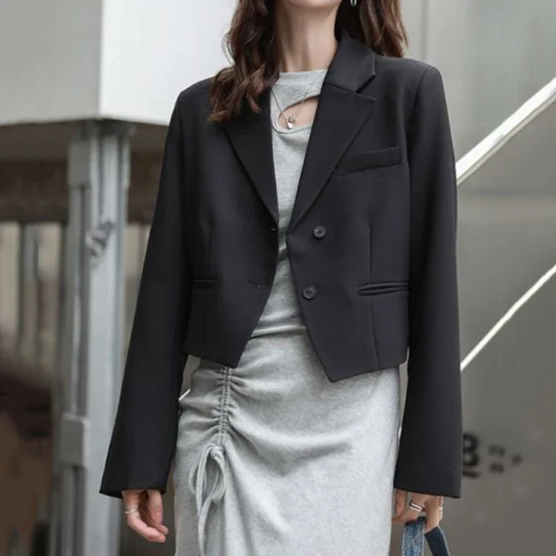 Fashion Design Cropped Suit Jacket Women 2025 Autumn Long Sleeve Korean Blazers Woman Solid Color Single-Breasted Office Coat - Image 6