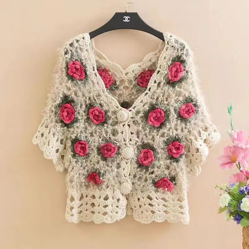 Three-Dimensional Flower Openwork Crocheted Sweater Cardigan Women's Spring And Autumn New Heavy Industry Joker Sweater 3XL Coat - Image 5