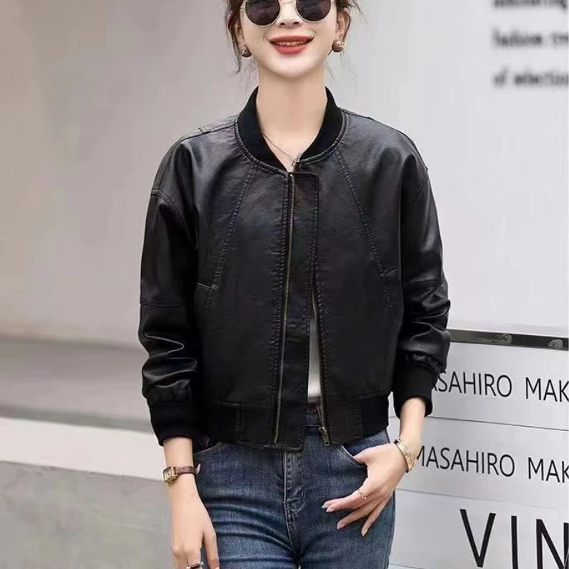 Hot Short Bomber Jacket for Women Spring Autumn Brown PU Leather Baseball Aviator Coat Woman Harajuku Pretty Luxury High Quality - Image 6