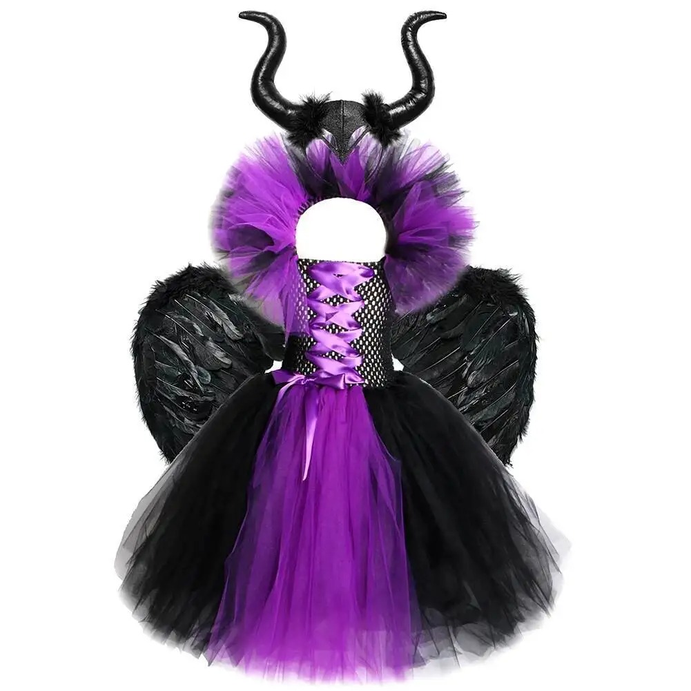 Horns Wings Costume Girls Princess Tutu Dress Devil Halloween Evil Queen Kids Cosplay Outfit - Image 5