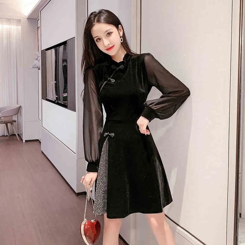Black Qipao Elegant Chinese Dress Short Japanese Style Cheongsam Oriental Ao Dai Dress FF2790 - Image 2