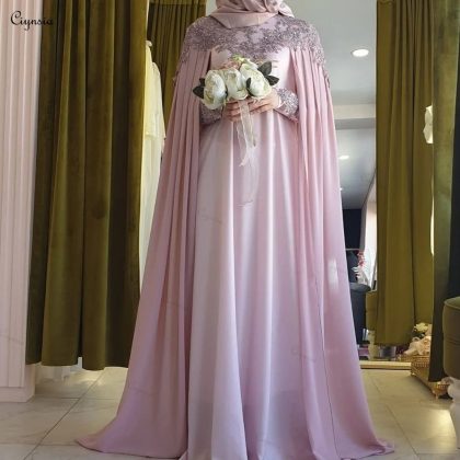 Ciynsia Pink Hijab Evening Gown | Long Sleeve Chiffon A-Line Islamic Dubai Arabic Formal Prom Dress