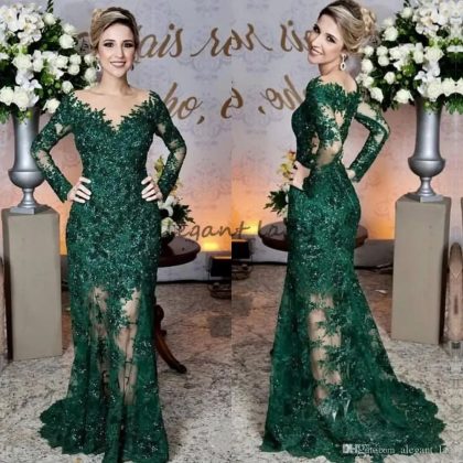 Emerald Green Evening Gown | Sheer Jewel Neck Lace Applique Long Sleeve Mermaid Prom Dress