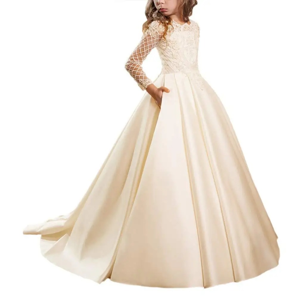 Long Sleeve Children Wedding Dress | Satin Lace Princess First Holy Communion Party Dress for Girls 3–12 Years
