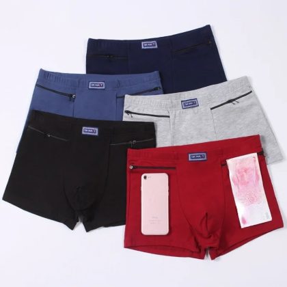 Men’s Anti-Theft Boxer Briefs with Zipper Pockets – Cotton Security Underwear