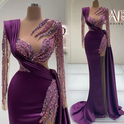 Purple Prom Party Gown | Plus Size Beaded Crystal Satin Sequin Long Sleeve O-Neck Formal Evening Dress