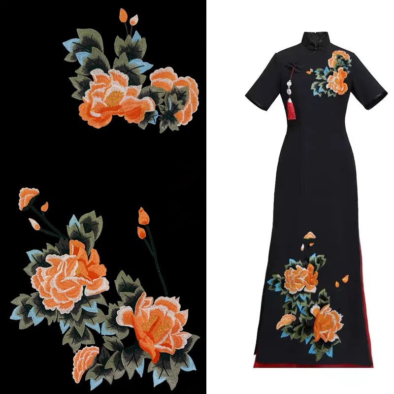 Peony Flower Embroidery Patch Orange Floral Applique Sewing DIY - Image 6