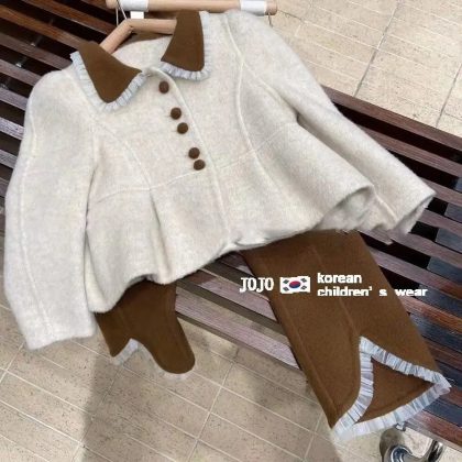 Kids Cotton Outfit Set Turn Down Collar Top Elastic Waist Pants